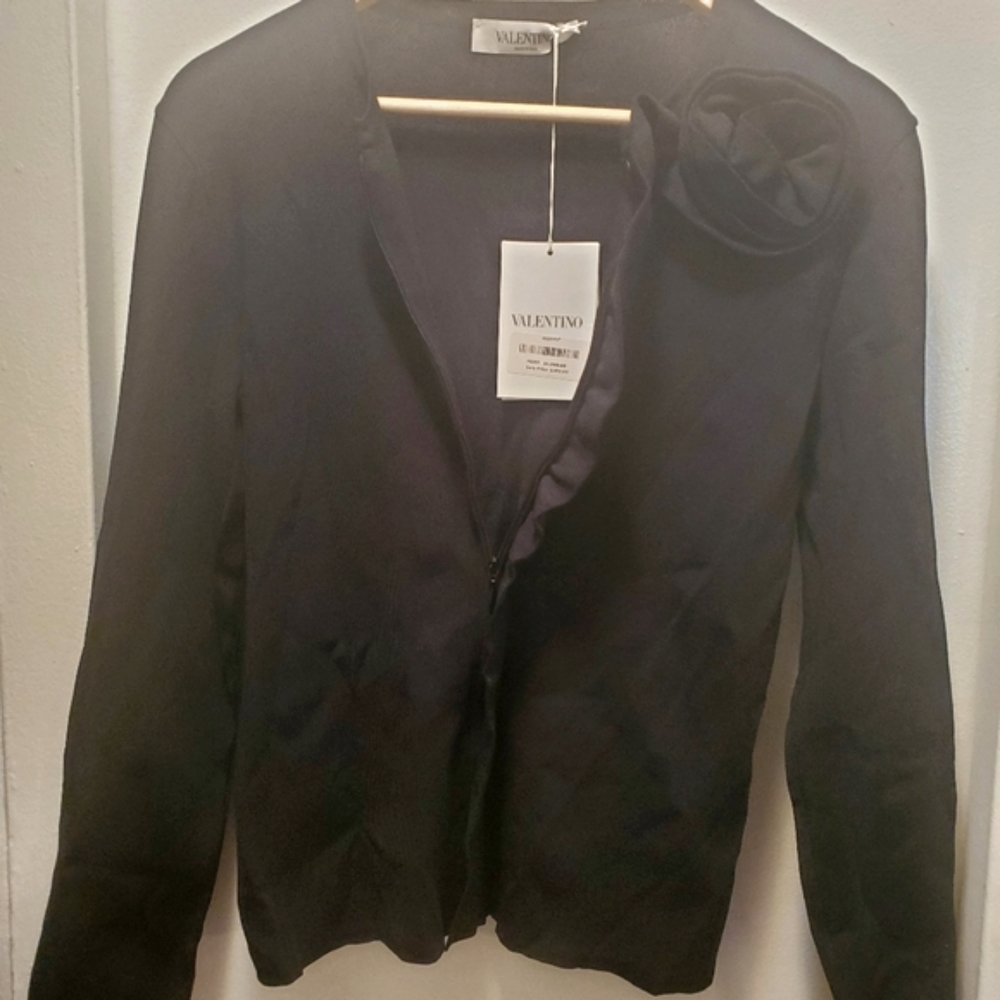 VALENTINO Top Black Ribbed Cardigan Rose Appliqué